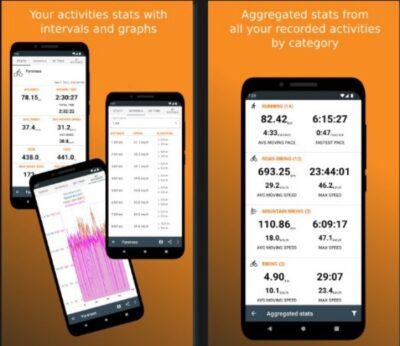 Phone screens against an orange background showing activity stats from different exercises, and also a screen showing stats for cycling such as speed, distance, elevation, heart rate, etc.