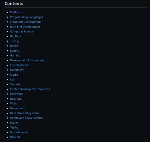 The table of contents showing the main topics covered in awesome lists