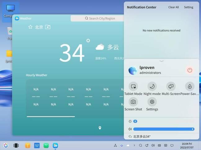 Desktop operating system showing taskbar at the bottom and a popup window with a weather forecast