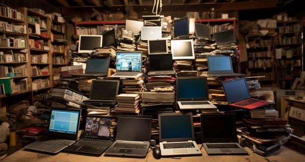 A number of open laptops piled on top of books in the centre of a room, surrounded by bookshelves full of books.