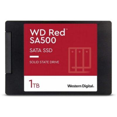A solid state hard drive with a red label and words WD Red SA500