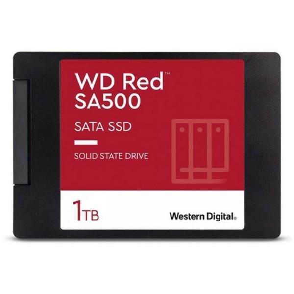 A solid state hard drive with a red label and words WD Red SA500