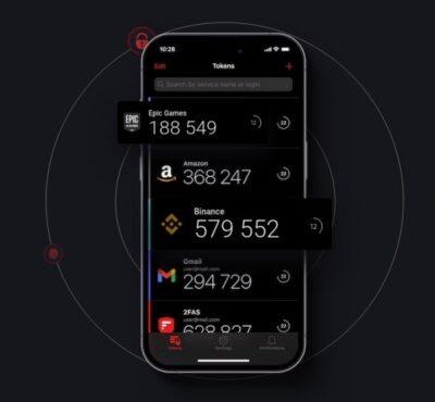 Mobile phone with dark display, and howing rows of 6-digit token numbers with labels such as Epic Games, Amazon, Binance, Gmail, and 2FAS.