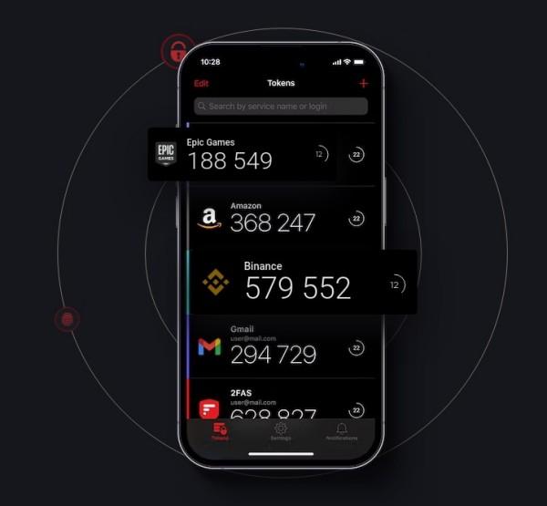Mobile phone with dark display, and howing rows of 6-digit token numbers with labels such as Epic Games, Amazon, Binance, Gmail, and 2FAS.