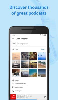 Smartphone screen showing a podcast app and icons for various podcasts, with title Discover thousands of podcasts