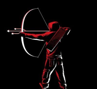 An archer wearing a hoodie, with a keyboard slung ove rtheir shoulder, and a bow drawn, with the front end of the arrow that looks like a USB symbol