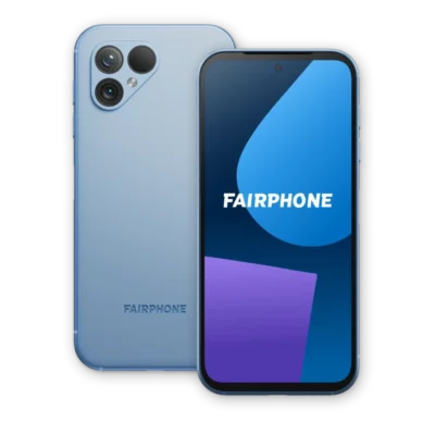 Light blue rear of a smart phone with 3 camera lenses shown, and a front facing view with the word Fairphone on the screen