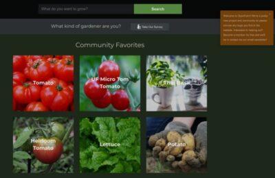OpenFarm website page showing a search box, a survey button for seeing what type of gardener you are, and tiled photos with titles tomatoes, UF micro tom tomato, Thai Basil, Heirloom tomato, lettuce, and potato.