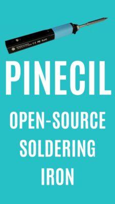 Small portable soldering iron with title text Pinecil Open-Source Soldering Iron below it
