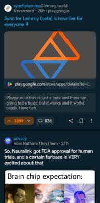 Sync for lemmy app screen showing a post about the Sync app now being available for use, with over 3,000 upvotes.