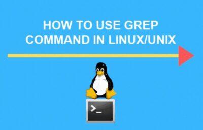 Title says How to use te grep command in Linux/Unix, on a blue background, and below it is an arrow pointing to the right, with a pengion sitting on top of a black command line interface.