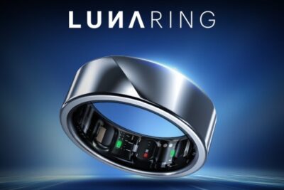 A silver smart ring showing LED sensors on inner side, and title above, LunaRing