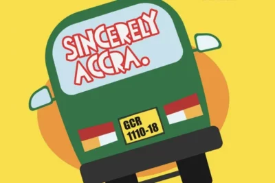 Drawing of the rear of a green mini-bus with words "Sincerely Accra." on the rear window, and a yellow numberplate showing GCR1110-18, all with a yellow background and what looks a bit like a giant orange disc representing a sunset or sunrise.