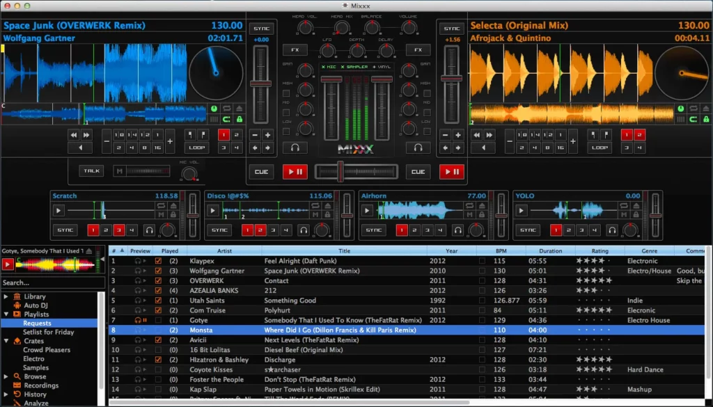 Screenshot of the Mixxx music mixing software, showing an audio wave at top left, and centre is a panel with some adjustment knobs, with a playlist of recording names in the centre and bottom.