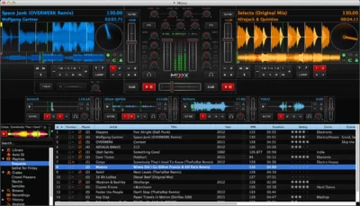 Screenshot of the Mixxx music mixing software, showing an audio wave at top left, and centre is a panel with some adjustment knobs, with a playlist of recording names in the centre and bottom.