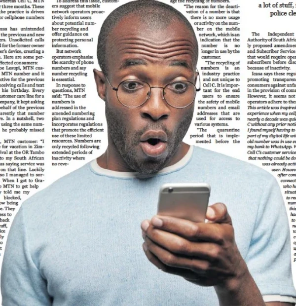 Background shows 4 columns of newspaper print, with a man in the foreground, looking in surprised amazement at the cellphone in his hand.
