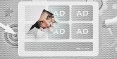 Grey and white image with square tiles having letters AD in them, being torn open at the top left, showing a woman's face peering through the torn hole.