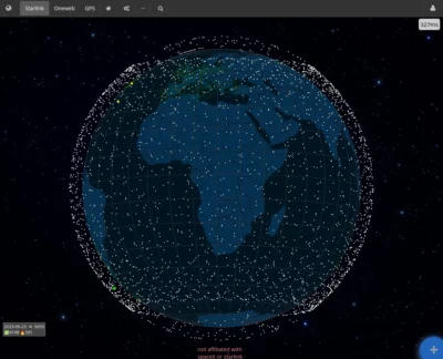 Illustration of the Earth from spcae above Africa, with thousands of white dots each representing a Starlink satellite in orbit.