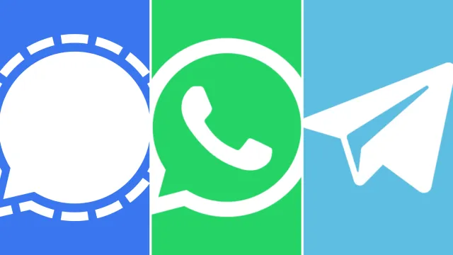 Blue Signal circle logo on the left, with green WhatsApp logo with telehone handset in middle, and on the right is the blue Telegram logo with a white paper aeroplane depicted in the logo
