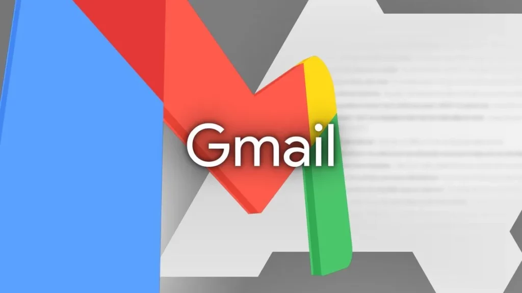 Words Gmail in white with a colour logo letter M of Gmail behind it.