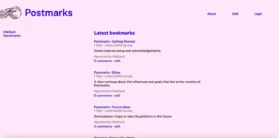 A website page that looks like a white postcard, with the top left showing a postal stamp mark and the word Postmarks. The centre shows a list of bookmark names, each with a date, link, an annotated description, some hashtags. Under each entry is an indication of what the comment count is, and a link to edit the bookmark.