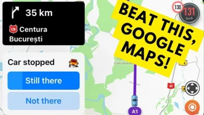 Android Auto view of the Waze navigation app showing an upcoming turn to the right in 35km at the top left, on the bottom left a warning syaing Car stopped with options for still there or not there, and on the right a map with a car at the bottom and a purple route extending ahead of it, and a title in yellow stating 'Beat This, Google Maps!'