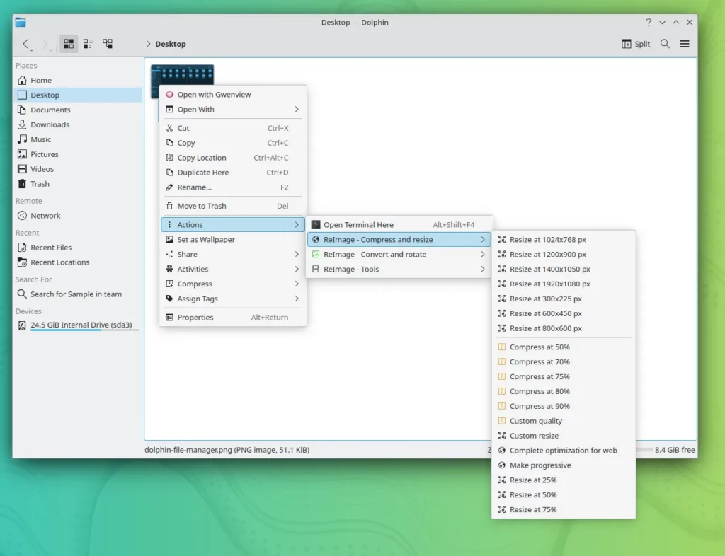 A file explorer app with a left-hand column showing options to navigate to Home, Desktop, Documents, Downloads, etc. An image icon has been right-clicked on in the larger pane, and shows a context menu with options such as Resizing to various sizes, compressing to various levels of compression, custom resize, complete optimization for the web, make progressive, and some additional resize options.