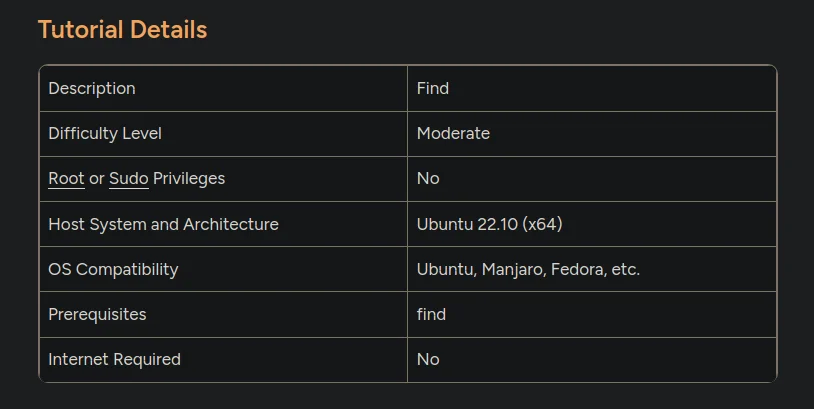 Text table showing: Tutorial Details Description Find Difficulty Level Moderate Root or Sudo Privileges No Host System and Architecture Ubuntu 22.10 (x64) OS Compatibility Ubuntu, Manjaro, Fedora, etc. Prerequisites find Internet Required No