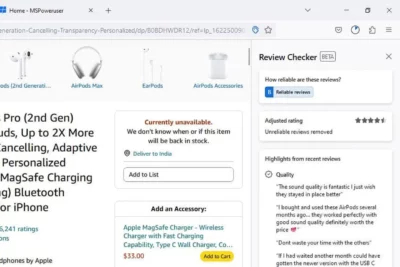 An Amazon item listing. On the right side of it is a window pane with the heading Review Checker with a reliability score of B for the reviews, and an adjusted product rating of 4,5 stars. Below that it shows highlights from recent reviews.