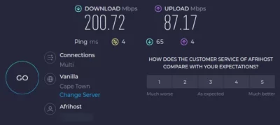 Ookla speed test result showing a maximum download speed of 200.72 Mbps and an upload speed of 87.17 Mbps.