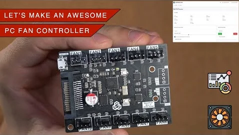 A hand holding a palm-size PCB board that shows connectors along opposite edges for 5 fans per side, with each labelled as fan1, fan2, etc.