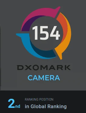 DXOMARK camera score of 154 shown, and 2nd ranking position in global rankings