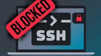 Illustration of an open laptop showing a terminal screen with the letters SSH. To the right is a red padlock, and on the top left is a big red stamp overlaying the screen and saying BLOCKED.