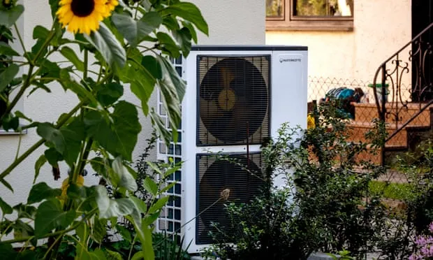 Corner of a building showing what looks like two air-conditions with fans, stacked on each other, mounted to the wall. In the foreground is part of a sunflower plant with green leaves, and one yellow flower.