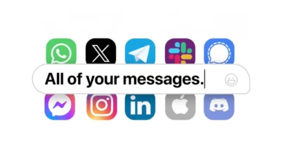 Ten icons representing messenger services such as WhatsApp, X, Telegram, Slack, iMessage, etc, with a caption overlaying them saying "All of your messages".
