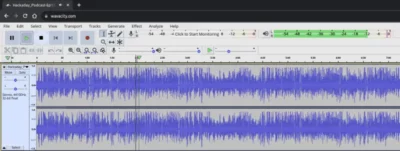A browser tab page showing an Audacity app interface with two sound waveforms in an editor