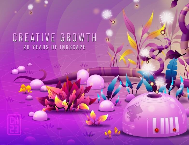 Pink purple background with title Creative Growth 20 Years of Inkscape