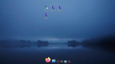 Linux desktop showing a misty blue background scene with a lake at the bottom half, a line of trees in the centre, and sky above. At the bottom is a Latte Dock showing five icons on it. At the top centre is a transparent folder titled Activity Recording, and showing a folder and three purple app icons.