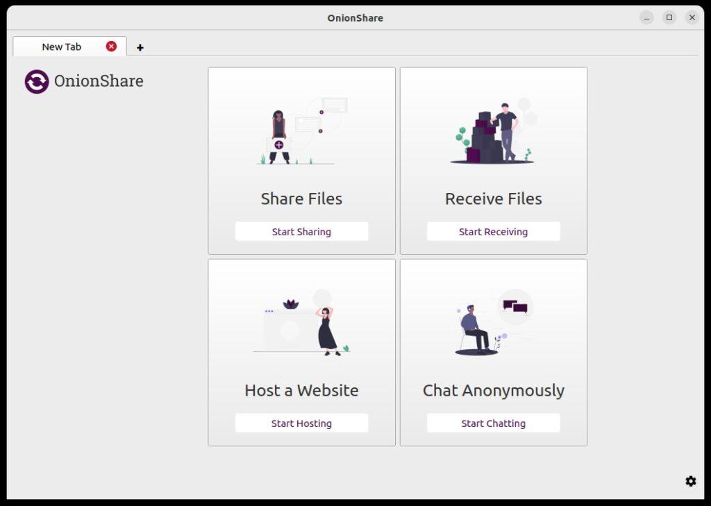 Browser tab with title top left saying OnionShare, and on the right are 4 panes labelled Share Files, Receive Files, Host a Website, and Chat Anonymously.