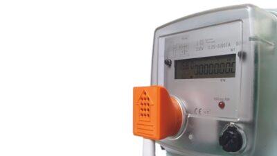 An electrical meter with a bright orange plastic device attached on it's front. The device is shaped very similarly to a pig's snout.