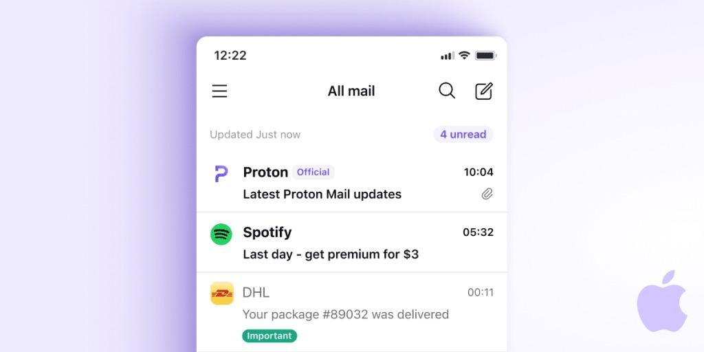 Phone screen showing title All Mail at top, with listed e-mail messages in rows below. One shows the title Latest Proton Mail updates from Proton (official)