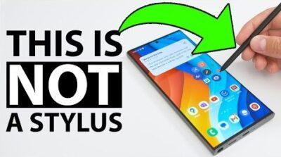 Samsung Galaxy phone with a hand holding a stylus over the screen, and a title to the left saying "This is NOT a stylus".