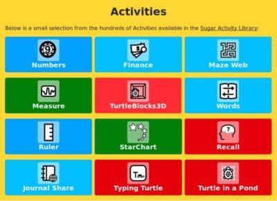 Coloured tiles highlighting activities such as Numbers, Finance, Maze Web, Measure, TurtleBlocks3D, Words, Ruler, StarChart, Recall, Journal share, Typing Turtle, and Turtle in a Pond.