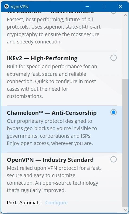 The VyprVPN options screen showing an option to choose Chameleon - Anti-Censorship and it explains "our proprietary protocol designed to bypass geo-blocks so you're invisible to governments, corporations and ISPs. Enjoy open access, wherever you are".