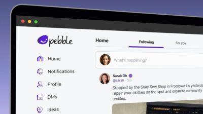 Social network web page with title top left showing Pebble and down the left side shows options for Home, Notifications, Profile, DMs, and Ideas. In the centre at the top is a text box to compose a post, and below that is a post from Sarah Oh with username @sarah which says 