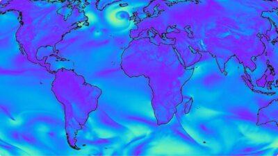 Map of the world showing light and dark purple colour hues which indicate high and low pressure areas