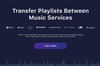 Dark blue background with test in while stating "Transfer Playlists Between Music Services" and then lists Spotify, Apple Music, Deezer, TikTok Music, TIDAL, Soundcloud, YouTube Music, Beatport, etc.