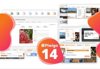 Collage of various screenshots of the new Piwigo v14