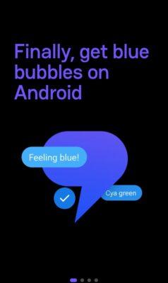 Black background with blue bubbles and title stating "Finally, get blue bubbles on Android".