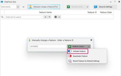 A Windows app window with title ViVeTool GUI. A popup window in the middle shows its title as Manually change a Feature - Enter feature ID. A feature ID number has been entered, and some options appear as Activate Feature, Deactivate Feature, and Revert Feature to Default Settings.